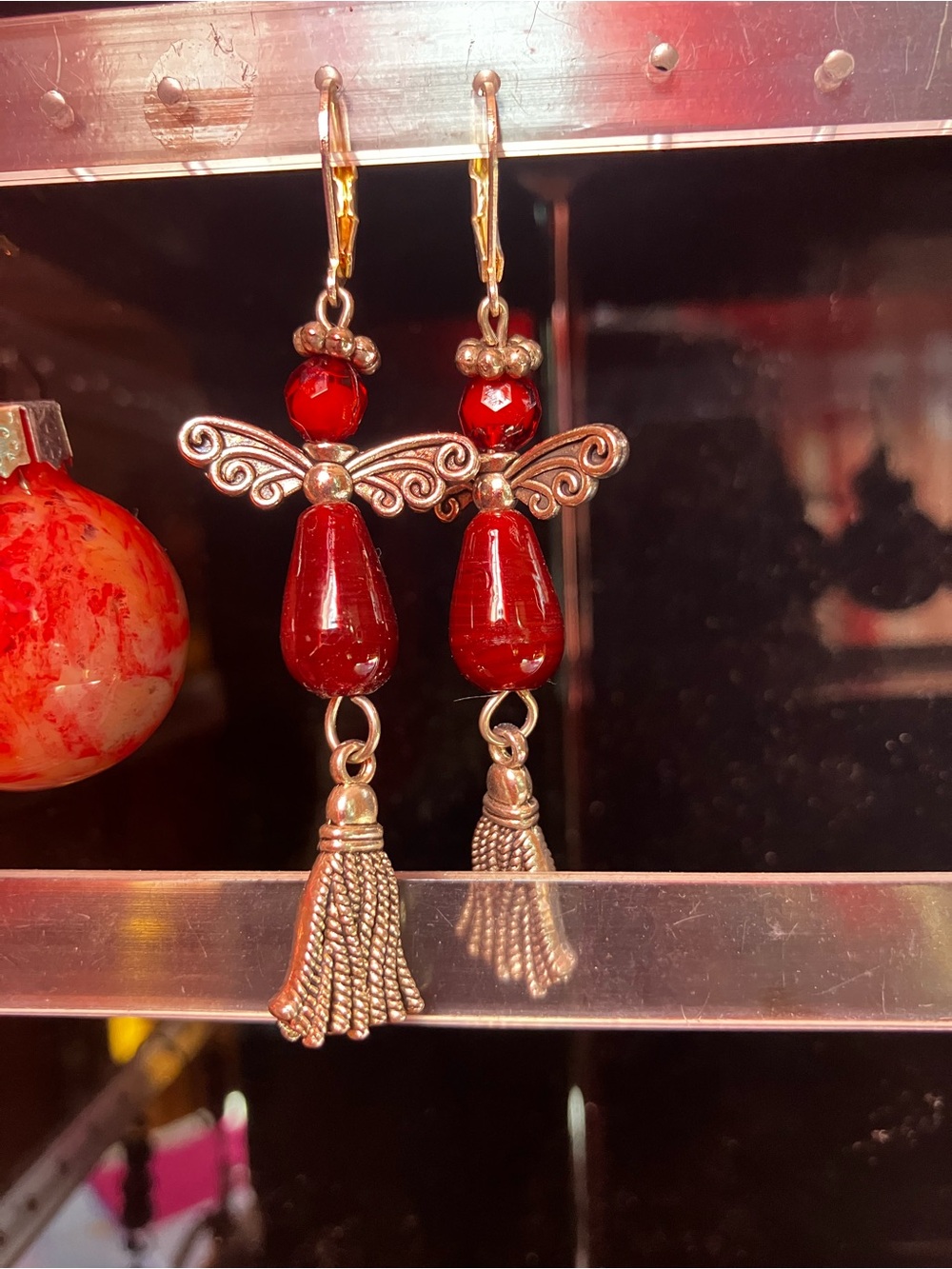 Handcrafted Dark Red teardrop stone Angel Silver Tassel Drop pierced Earrings